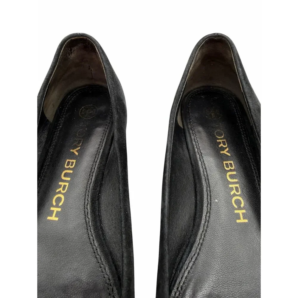 Tory Burch Gigi Ballet Flats Black Suede Square Toe Logo Size 8 Quiet Luxury